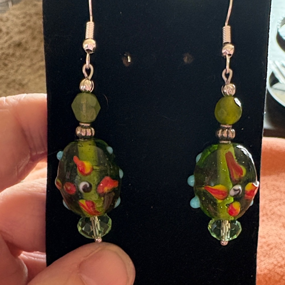 Hand Crafted Artistic Green and Red Glass Earrings